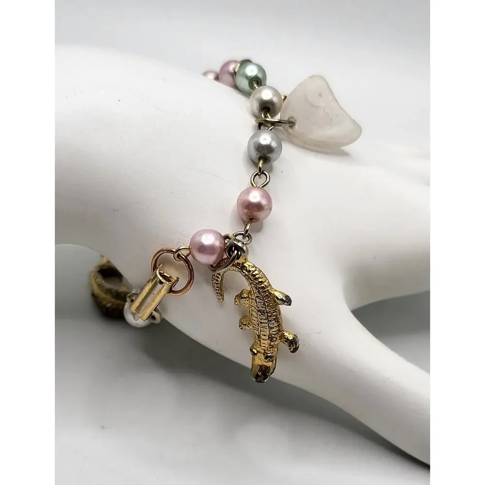 Vintage Charm Bracelet Ocean Nautical Seahorse Palm Trees Alligator Fish Pearl - Picture 11 of 11